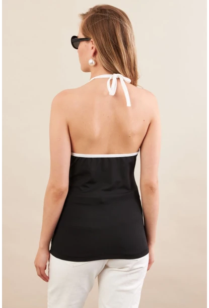 Kadın Siyah Kontrast Biyeli V Yaka Bluz EY3103