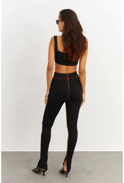 Kadın Siyah Kontrast Dikişli Kaşkorse Tayt B223