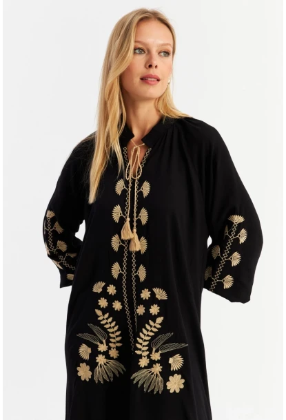 Kadın Siyah Kordon Detaylı Nakışlı Maxi Elbise MALO3