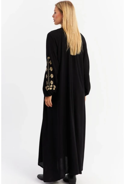 Kadın Siyah Kordon Detaylı Nakışlı Maxi Elbise MALO3