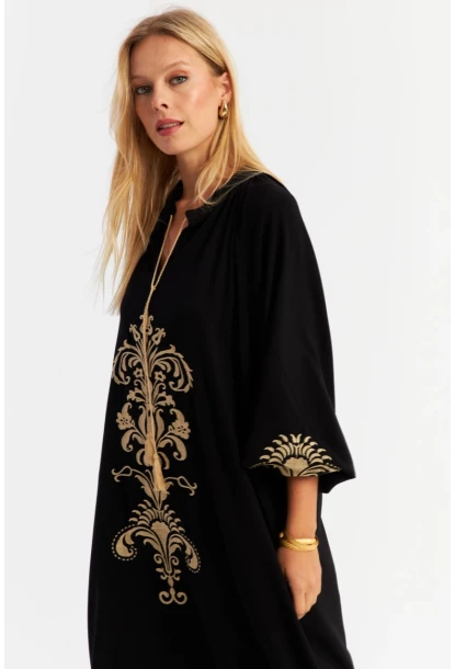 Kadın Siyah Kordon Detaylı Nakışlı Maxi Elbise MALO4