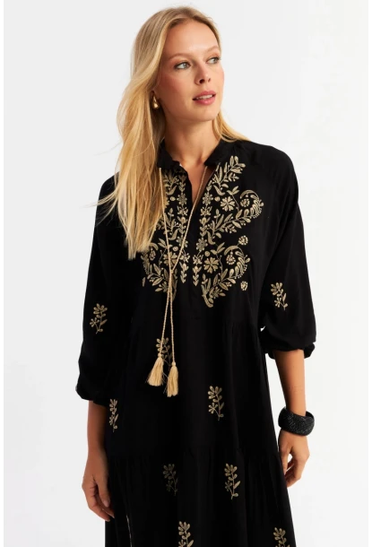 Kadın Siyah Kordon Detaylı Nakışlı Maxi Elbise MALO5