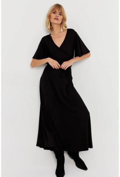 Kadın Siyah Kruvaze Bağlamalı Maxi Elbise EY3038