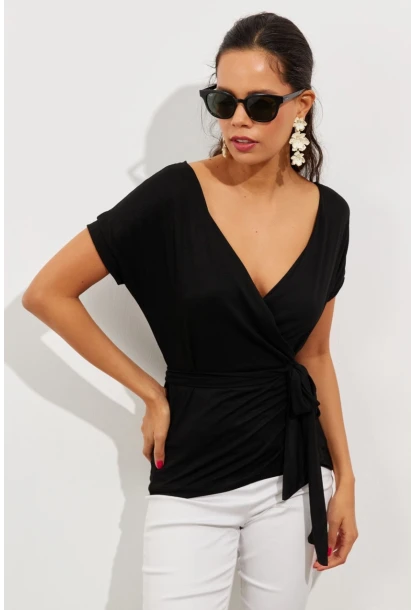 Kadın Siyah Kruvaze Bluz EY2496