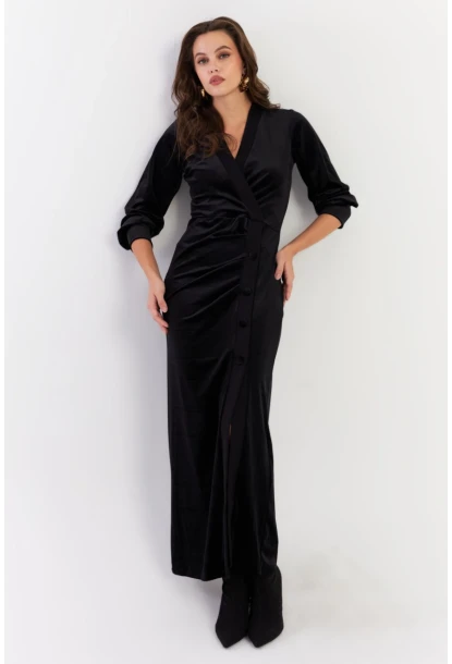 Kadın Siyah Kruvaze Büzgülü Kadife Maxi Elbise ALO1007