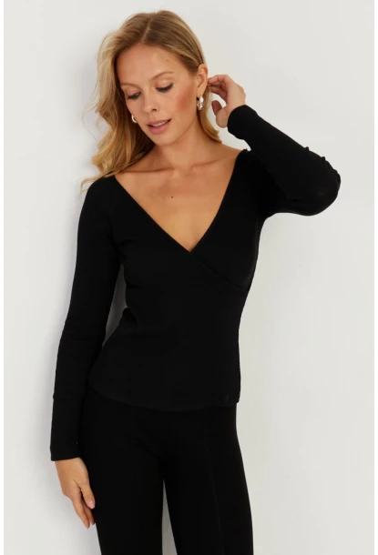 Kadın Siyah Kruvaze Kaşkorse Bluz EY2718