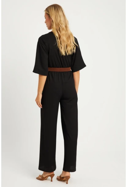 Kadın Siyah Kruvaze Kemerli Bürümcük Tulum XL2009