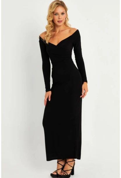 Kadın Siyah Kruvaze Midi Yılbaşı Elbise LİK04