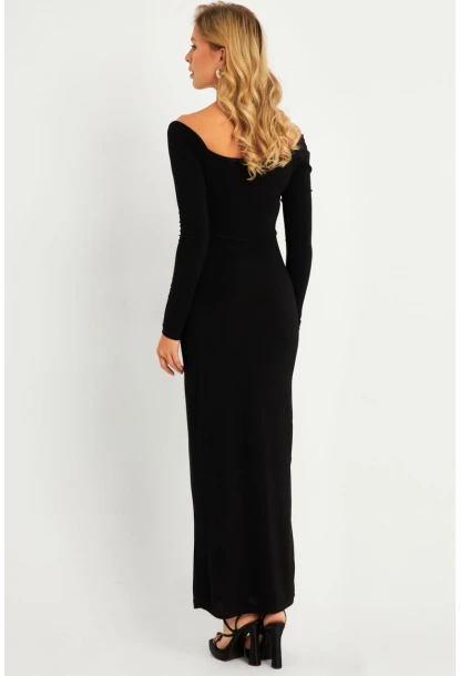 Kadın Siyah Kruvaze Midi Yılbaşı Elbise LİK04