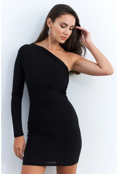 Kadın Siyah Kruvaze Tek Kol Mini Yılbaşı Elbise ELT4035