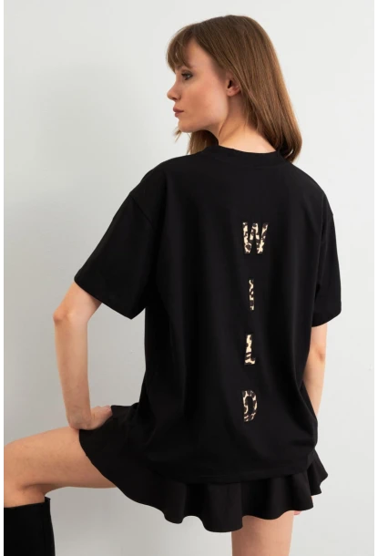 Kadın Siyah Leopar Baskılı T-Shirt RLO110