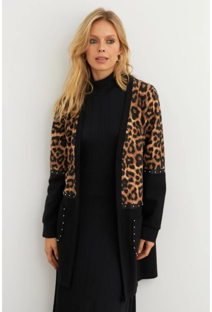 Kadın Siyah Leopar Bloklu Hırka MPK812