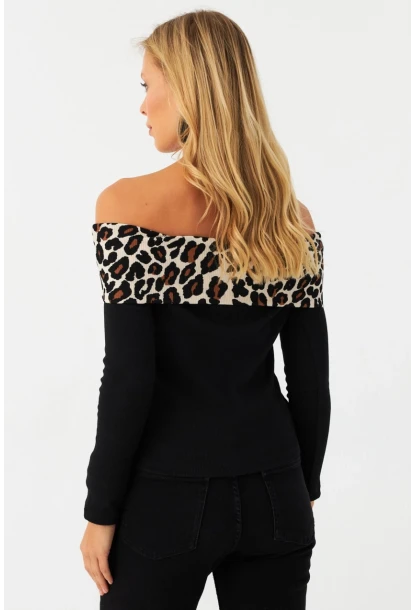 Kadın Siyah Leopar Bloklu Madonna Bluz AYD396