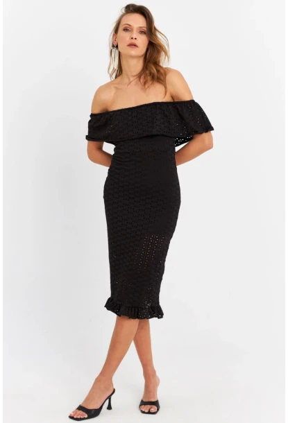 Kadın Siyah Madonna Yaka Astarlı Midi Elbise LİT105