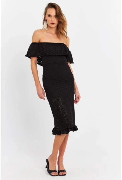 Kadın Siyah Madonna Yaka Astarlı Midi Elbise LİT105-90