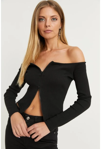Kadın Siyah Madonna Yaka Fermuarlı Kaşkorse Bluz B1402