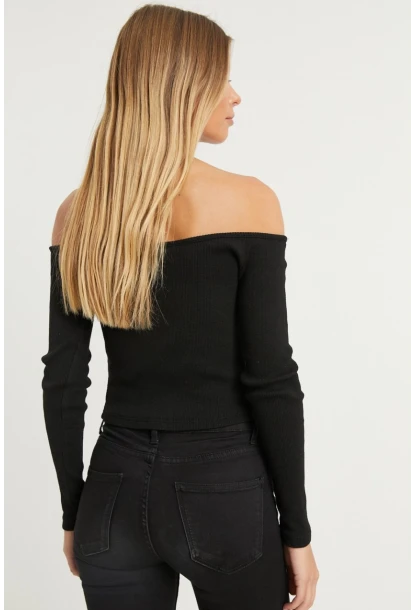 Kadın Siyah Madonna Yaka Fermuarlı Kaşkorse Bluz B1402