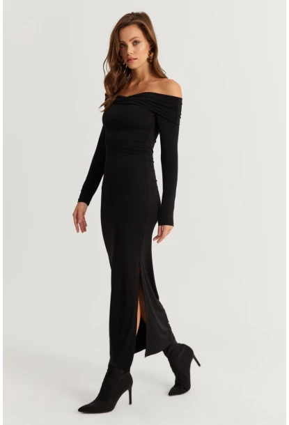 Kadın Siyah Madonna Yaka Maxi Elbise DMR391