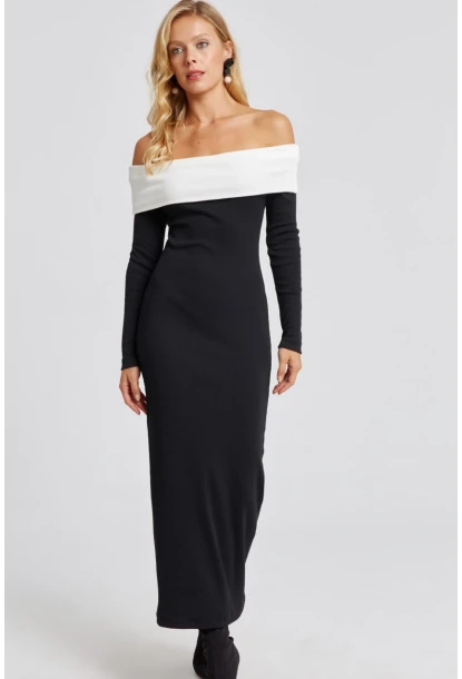 Kadın Siyah Madonna Yaka Maxi Elbise EY2696