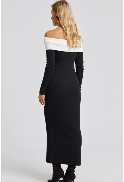 Kadın Siyah Madonna Yaka Maxi Elbise EY2696