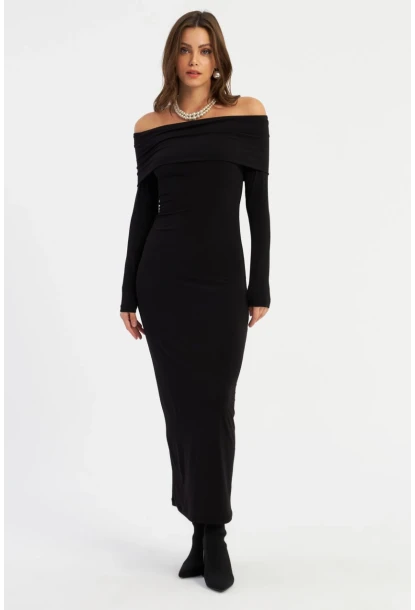 Kadın Siyah Madonna Yaka Maxi Elbise LİK10
