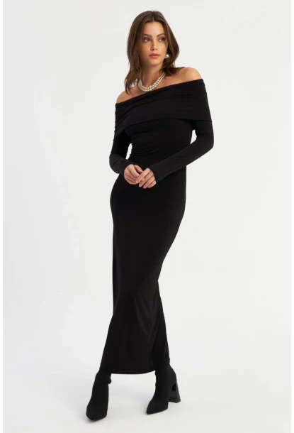 Kadın Siyah Madonna Yaka Maxi Elbise LİK10