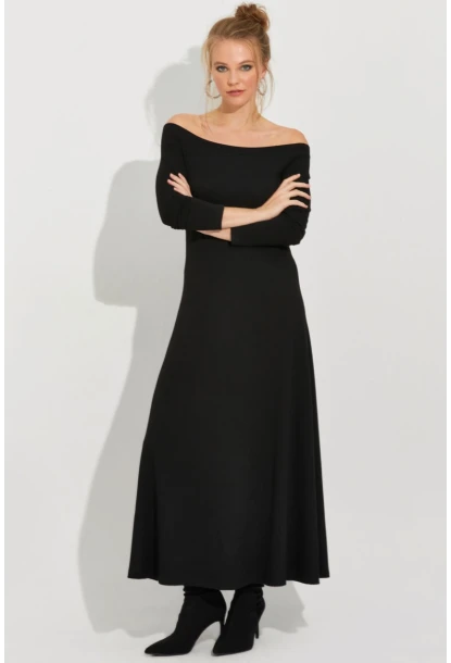 Kadın Siyah Madonna Yaka Midi Elbise BK272076