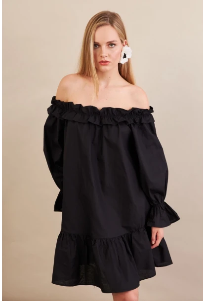 Kadın Siyah Madonna Yaka Midi Elbise PSG1012