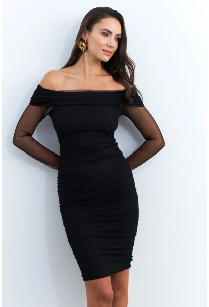 Kadın Siyah Madonna Yaka Midi Tül Yılbaşı Elbise ELT4033