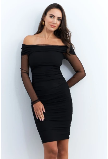 Kadın Siyah Madonna Yaka Midi Tül Yılbaşı Elbise ELT4033