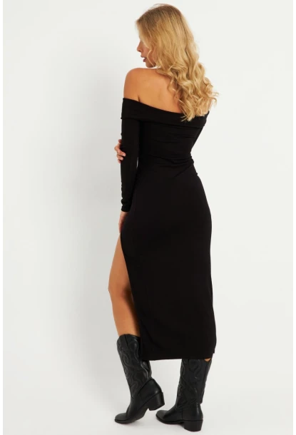 Kadın Siyah Madonna Yaka Yırtmaçlı Midi Yılbaşı Elbise HOR35