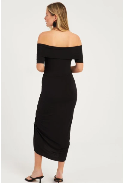 Kadın Siyah Madonya Yaka Büzgülü Midi Elbise YZ1025