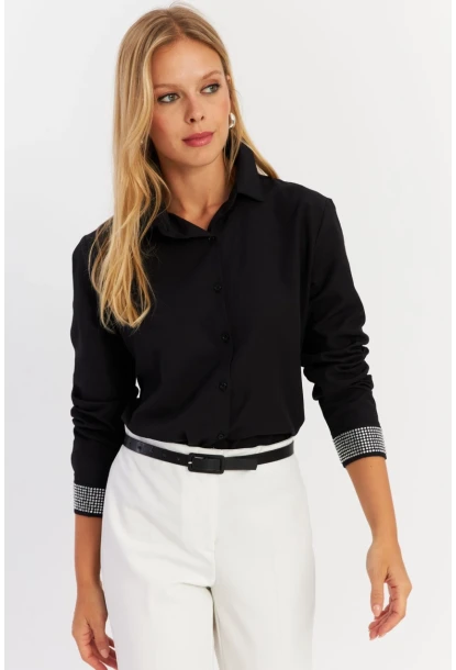 Kadın Siyah Manşeti Taşlı Gömlek ZER415