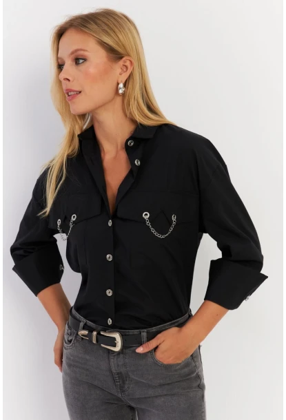 Kadın Siyah Metal Detaylı Gömlek ASF13