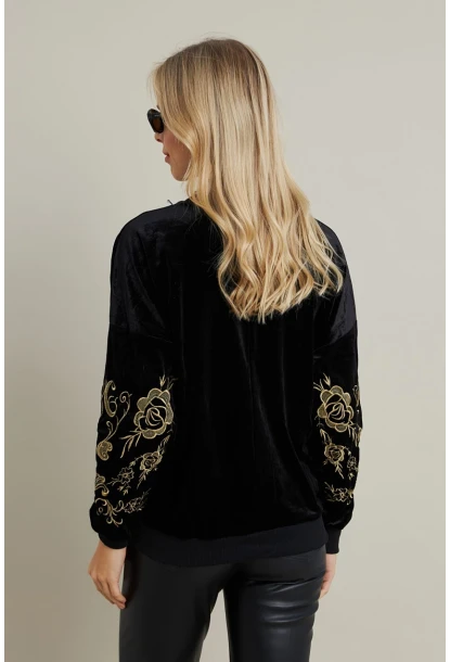Kadın Siyah Nakışlı Kadife Sweatshirt MQS1229