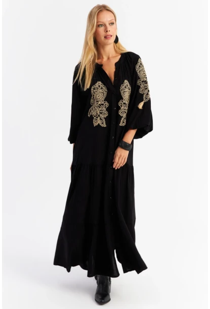 Kadın Siyah Nakışlı Volanlı Maxi Elbise MALO7