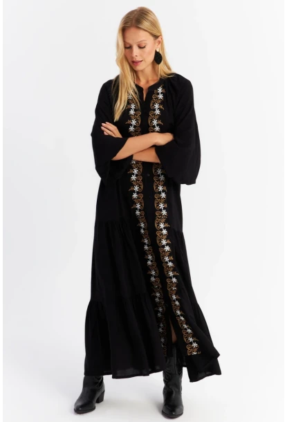 Kadın Siyah Nakışlı Volanlı Maxi Elbise MALO8