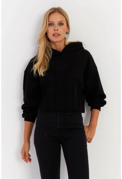 Kadın Siyah Nervüllü Üç İplik Sweatshirt TF13