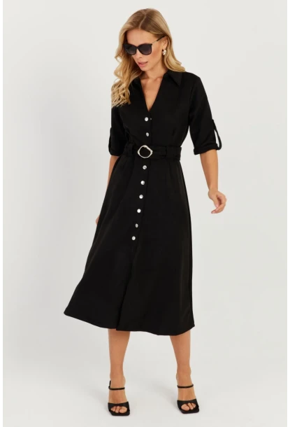 Kadın Siyah Nubuk Midi Gömlek Elbise KED4023