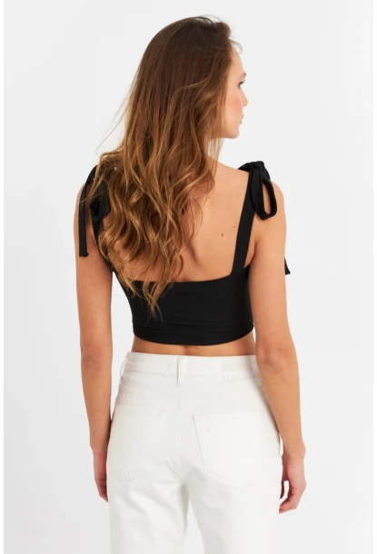 Kadın Siyah Omuz Bağlamalı Crop Bluz B5023-90