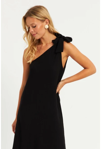 Kadın Siyah Omuz Fiyonklu Bürümcük Midi Elbise EY2800