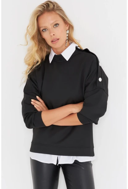 Kadın Siyah Omuz Taşlı Dalgıç Sweatshirt ST824