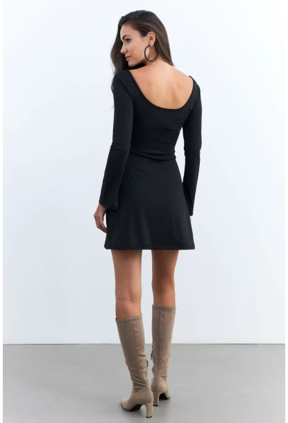 Kadın Siyah Ön Arka U Mini Elbise DMR400