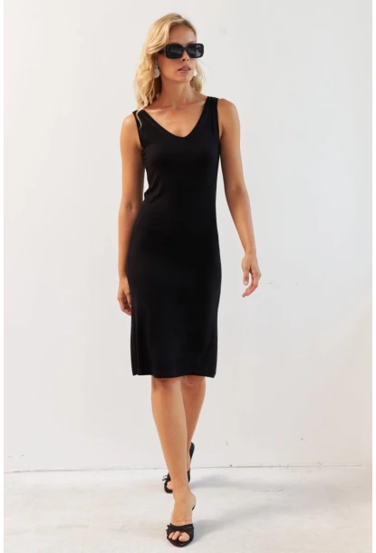 Kadın Siyah Ön Arka V Midi Elbise RX440