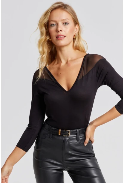 Kadın Siyah Ön Arka V Tül Detaylı Bluz Yİ2502