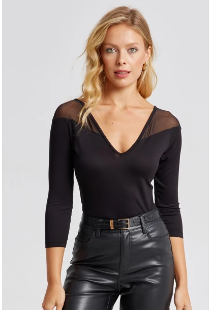 Kadın Siyah Ön Arka V Tül Detaylı Bluz Yİ2502