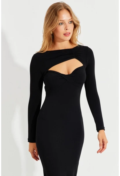 Kadın Siyah Önü Açık Yırtmaçlı Midi Elbise B225