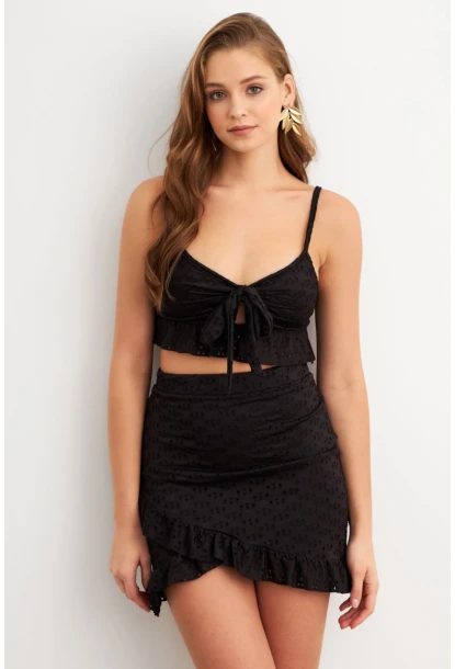 Kadın Siyah Önü Bağlamalı Mini Etekli Takım LİT1088