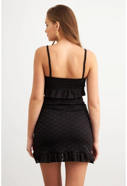 Kadın Siyah Önü Bağlamalı Mini Etekli Takım LİT1088