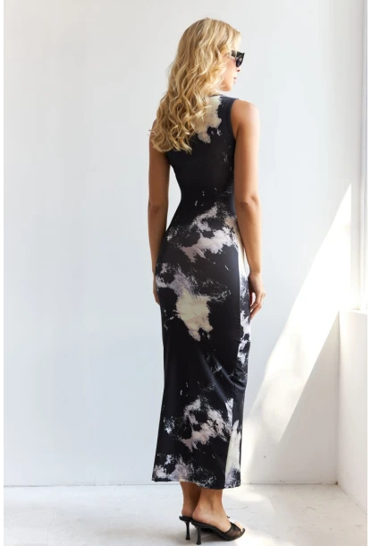 Kadın Siyah Önü Büzgülü Desenli Midi Elbise HC1581